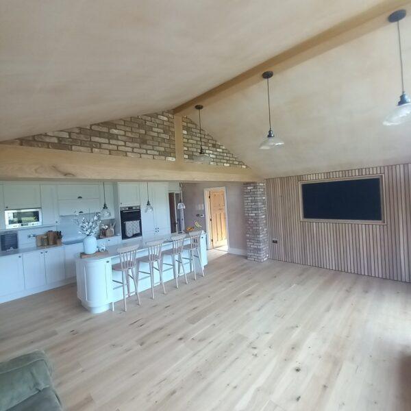 Media wall, kitchen, flooring and ceiling timber 